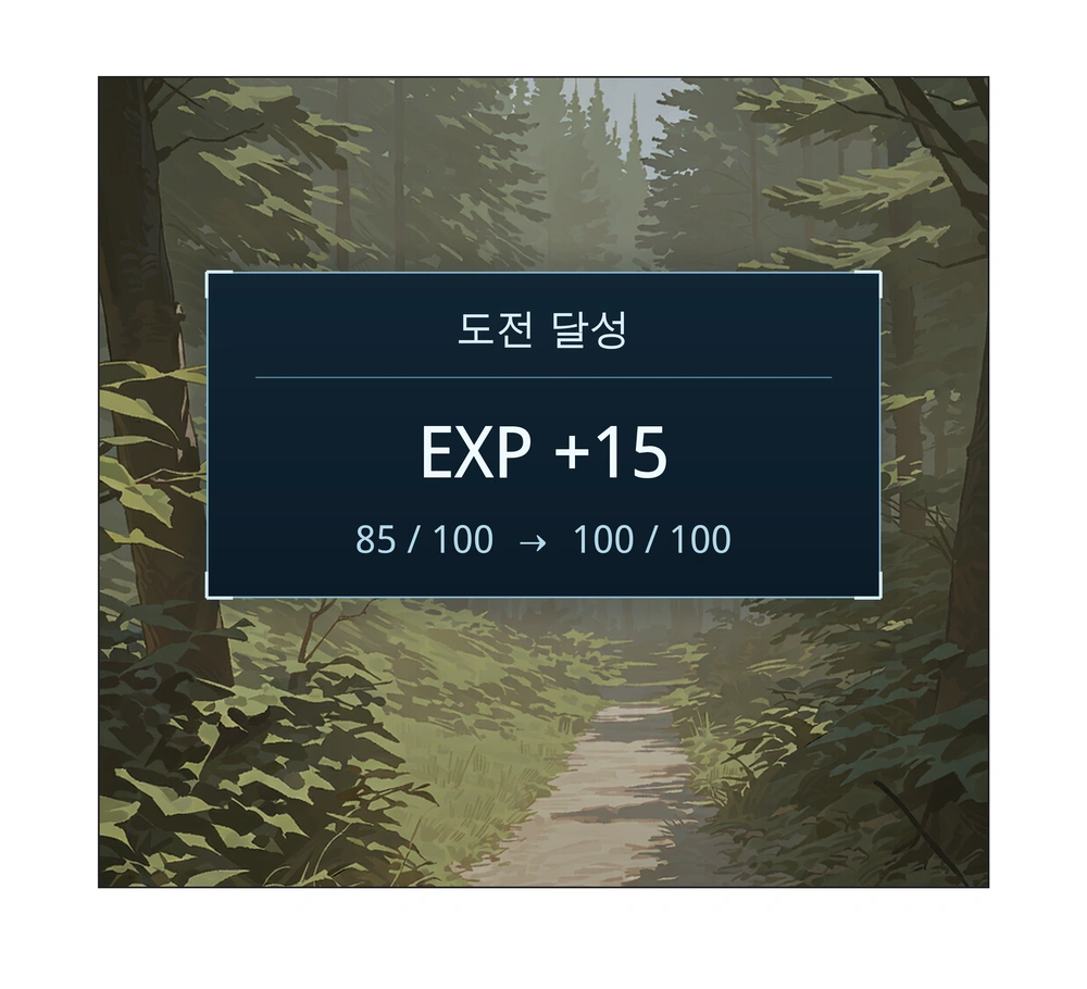 16컷. 시스템: 도전 달성. EXP +15. 85/100에서 100/100.