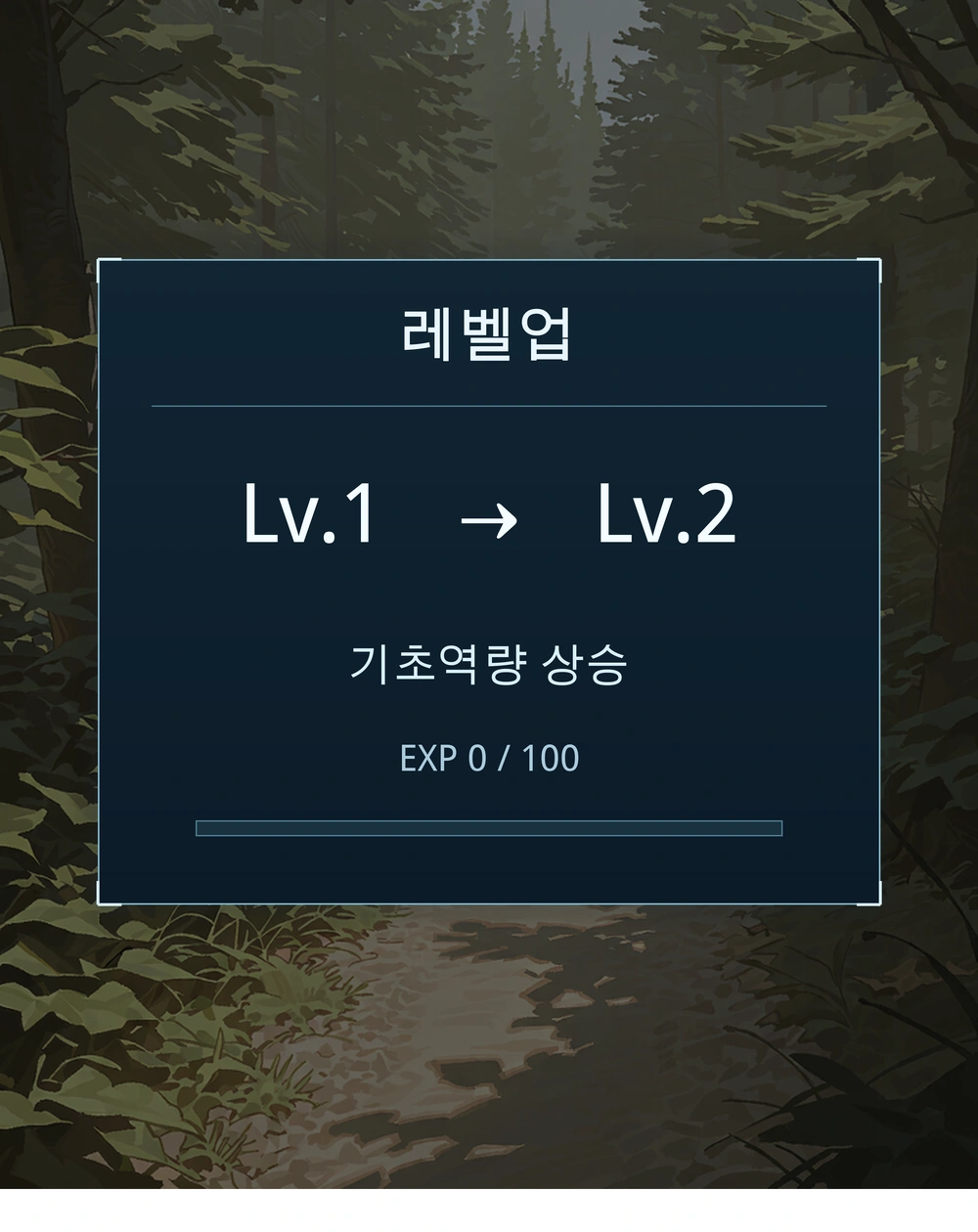 17컷. 시스템: 레벨업. Lv.1에서 Lv.2. 기초역량 상승. EXP 0/100.